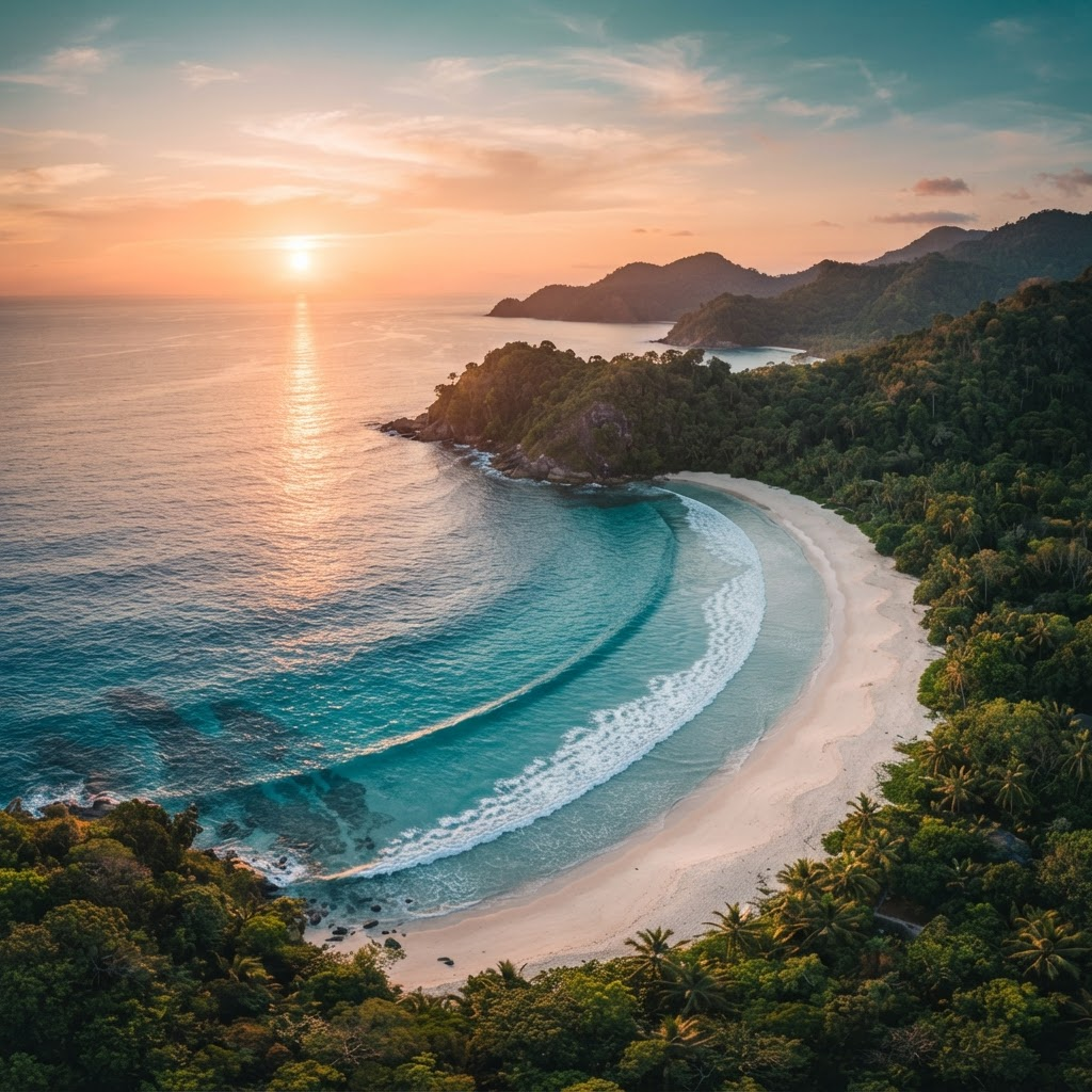 Litoral tropical visto do alto ao entardecer, com mar azul-turquesa e praia de areia clara
